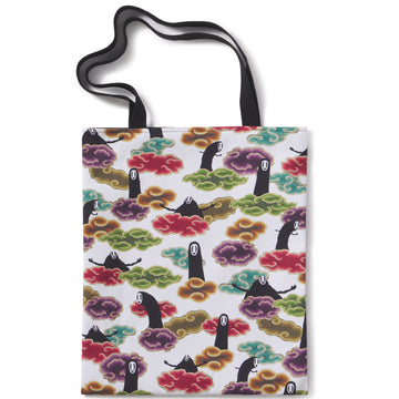 Tote bag with colorful tree and character design on a white background no Face from studio Ghiblil's spirited away by hayao miyazaki